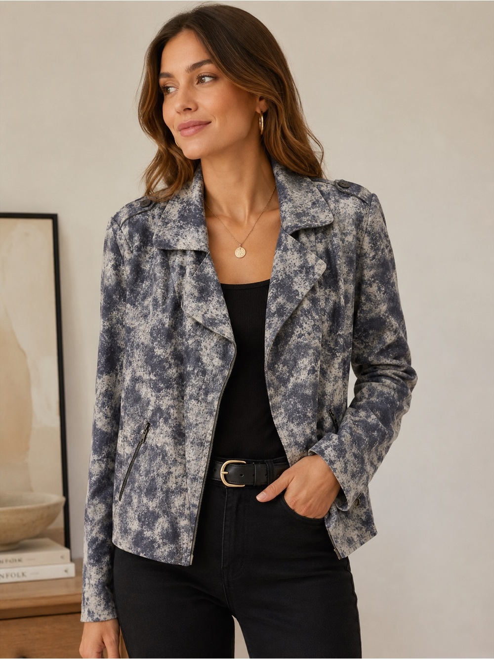 SOLITAIRE GRAY/NAVY ABSTRACT ASYMMETRICAL DRAPED LAPEL OPEN FRONT MOTO JACKET L